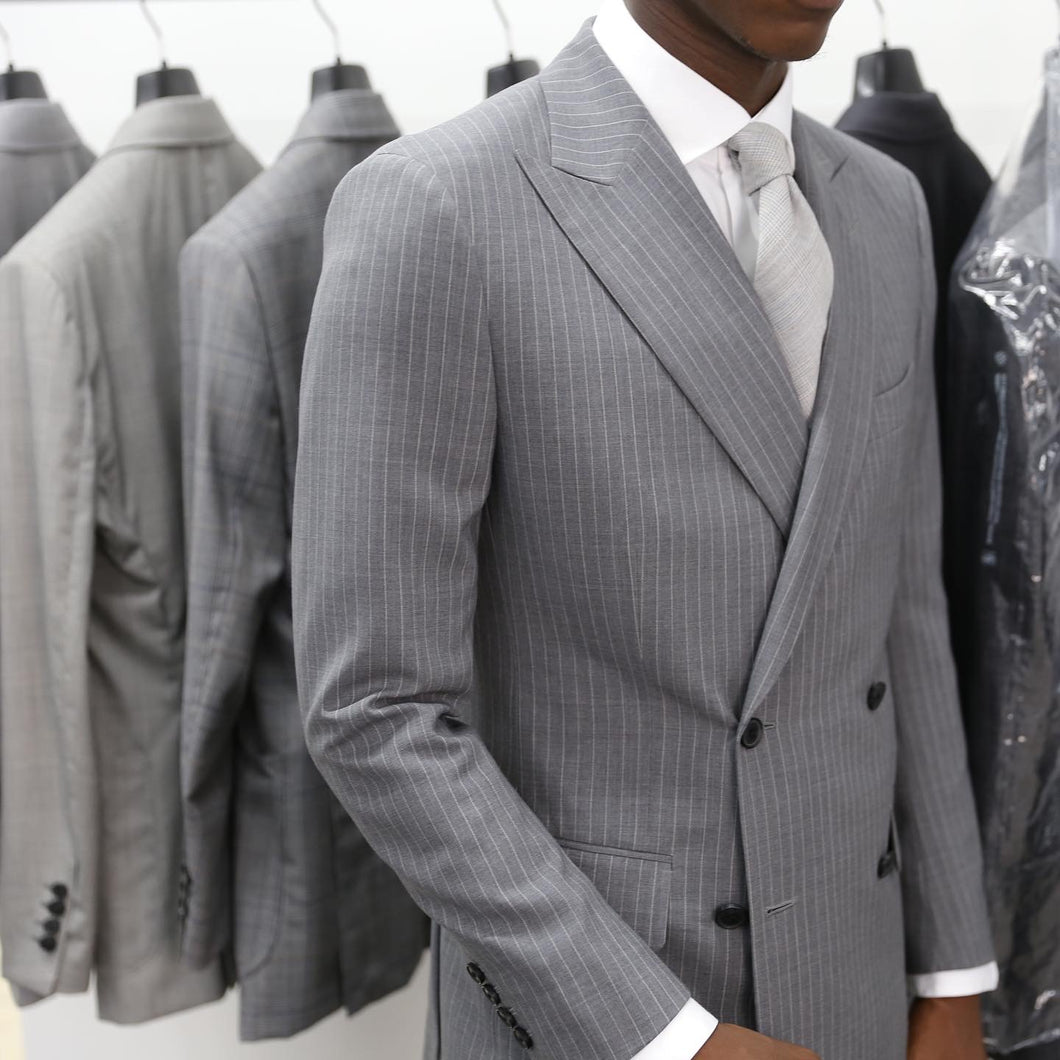 Grey Double Breasted Pinstripe 2x4 Two Piece Suit