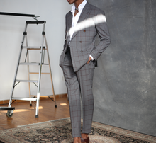 Load image into Gallery viewer, Grey Two Piece 6x4 Double Breasted Windowpane Suit
